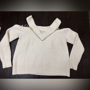 Michael Kors Ivory V-Neck Sweater with Gold Accents